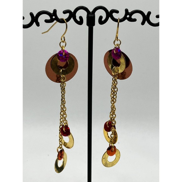 Shiny Pink Gold-Tone Long Dangle Earrings Vintage! - Picture 6 of 9